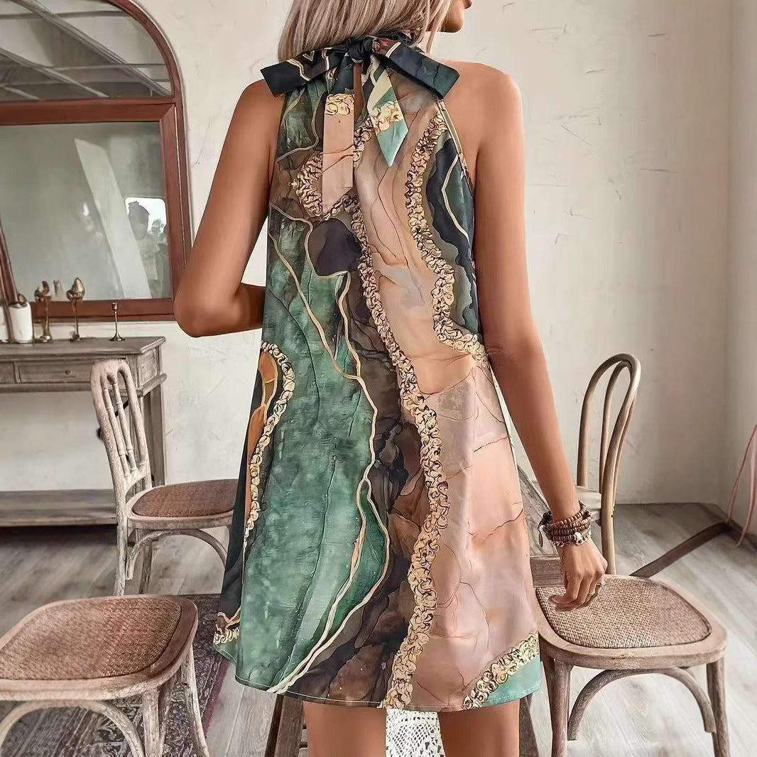 Slim-fit Sheath Sleeveless Round Neck Striped Printed Sexy Mini Dress Design Sense