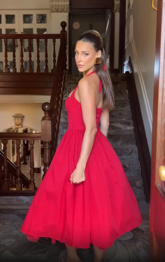Elegant Solid High Waist Pleated A-line Dress Women Sexy Backless Sleeveless Slim Halter Dresses 2025 New Street Party Vestidos