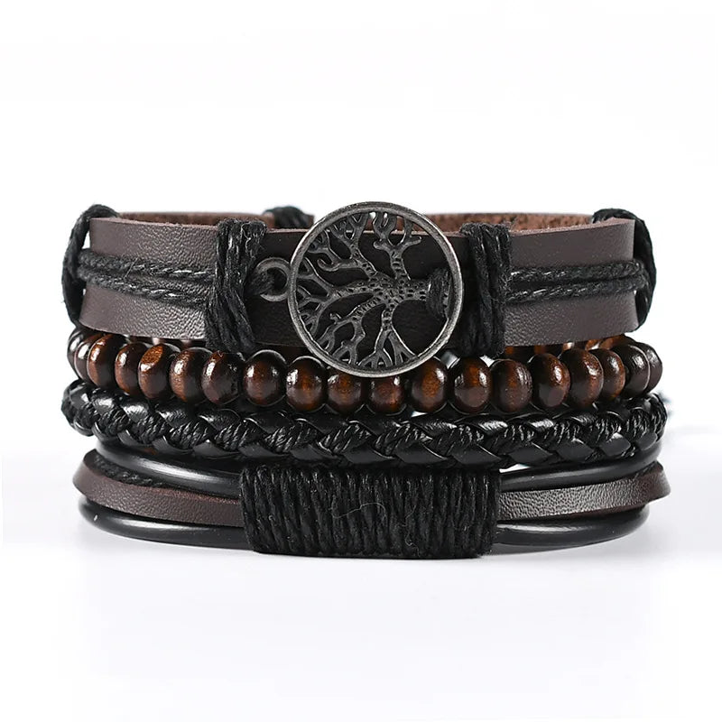 4PCS Braided Leather Bracelets for Men – Wood Bead & Tribal Charm Wristbands Set