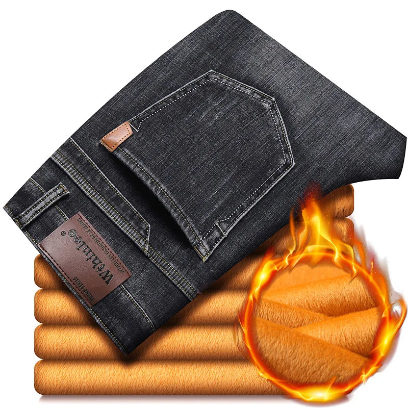 Famous Brand Fleece Pants Straight Trousers Winter Thermal Warm Plush Stretch Jeans
