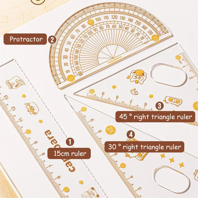 Cartoon Cute Student Rulers Protractor Compass Clear Scale Precise Accurate Math Geometry Set Stationery School Supplies