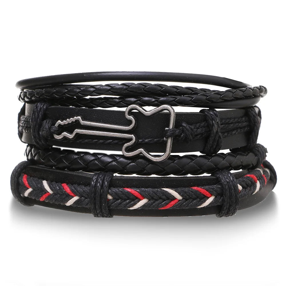 4PCS Braided Leather Bracelets for Men – Wood Bead & Tribal Charm Wristbands Set
