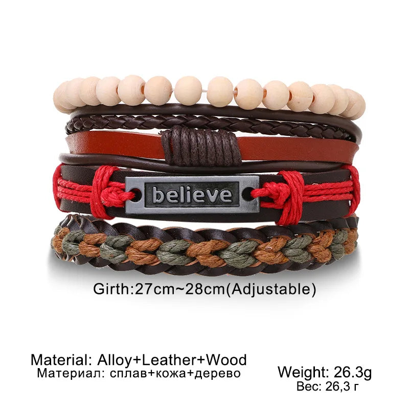 4PCS Braided Leather Bracelets for Men – Wood Bead & Tribal Charm Wristbands Set