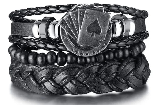 4PCS Braided Leather Bracelets for Men – Wood Bead & Tribal Charm Wristbands Set