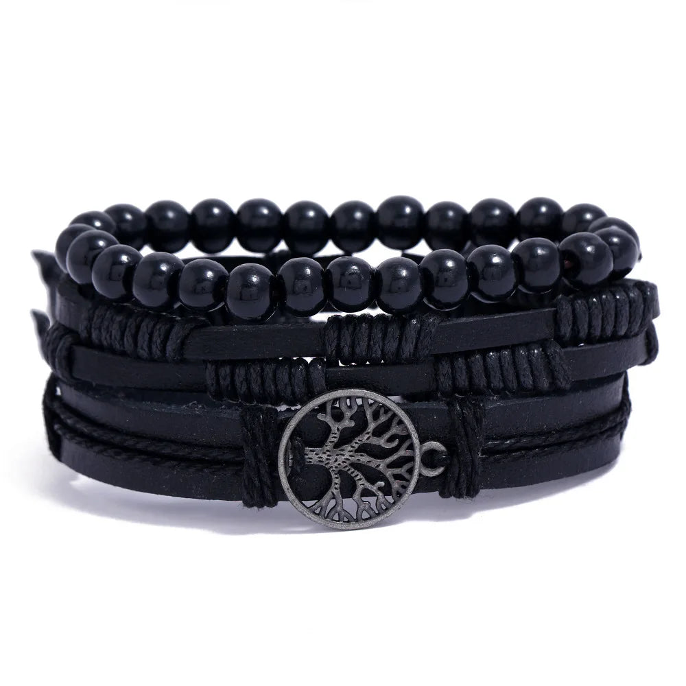 4PCS Braided Leather Bracelets for Men – Wood Bead & Tribal Charm Wristbands Set
