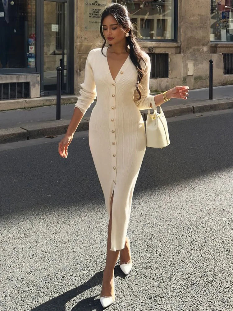 V-Neck Knit Long Dress