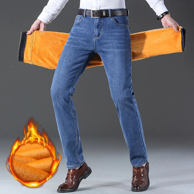 Famous Brand Fleece Pants Straight Trousers Winter Thermal Warm Plush Stretch Jeans