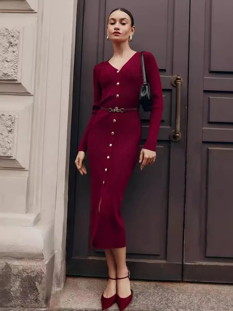V-Neck Knit Long Dress