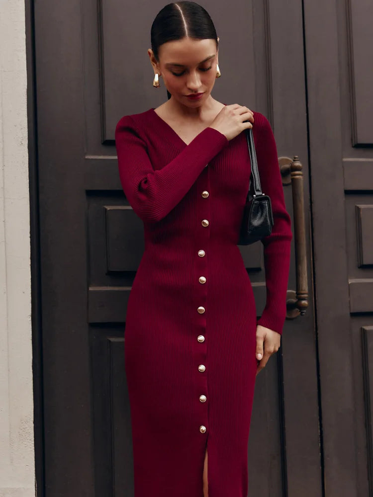 V-Neck Knit Long Dress