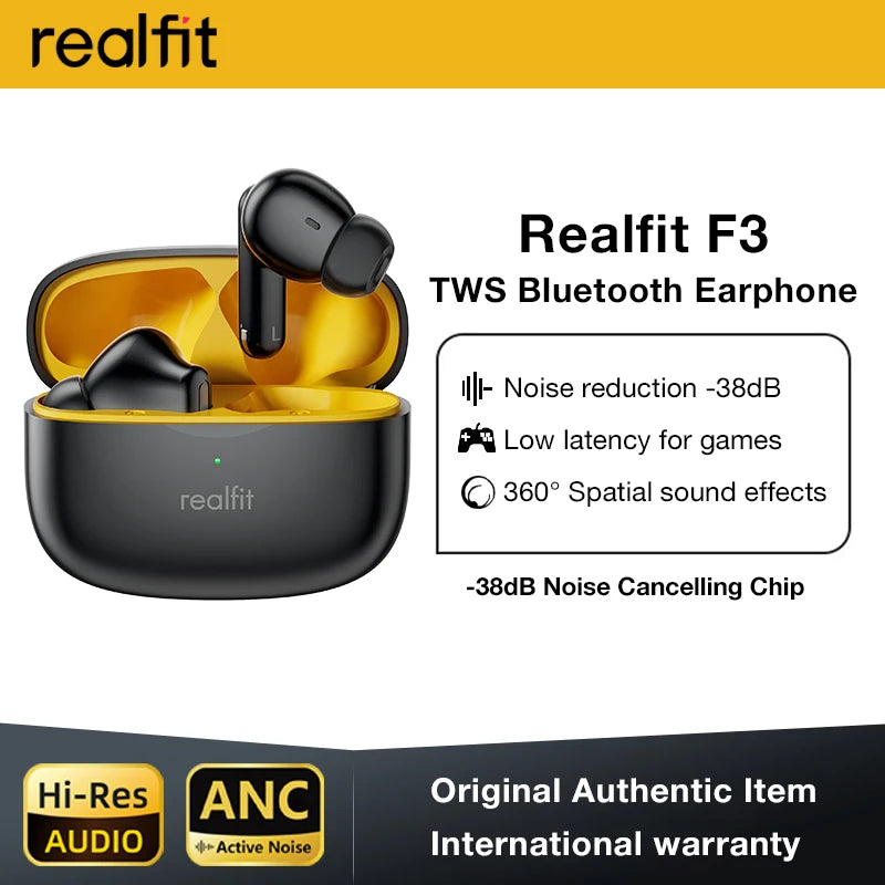 Realfit F3 Bluetooth Earphones ANC Active Noise Cancellation Wireless Earbuds ENC Call HIFI Stereo Superb Bass Sport Gaming