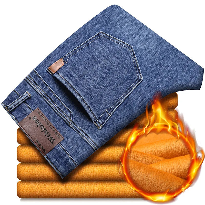 Famous Brand Fleece Pants Straight Trousers Winter Thermal Warm Plush Stretch Jeans