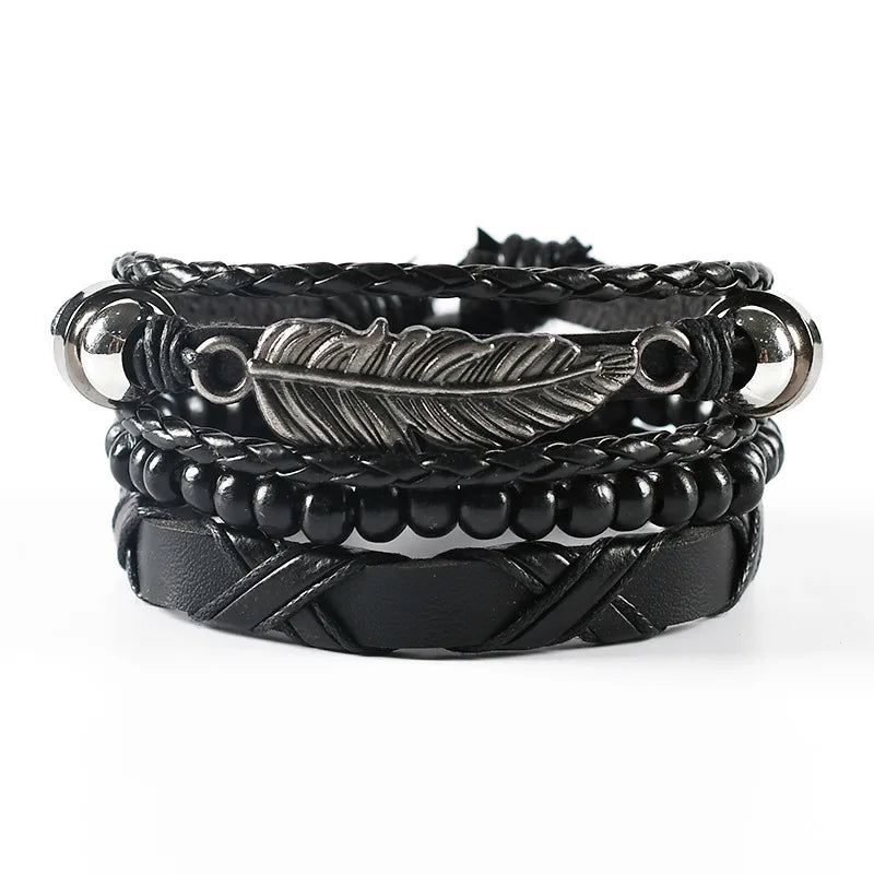 4PCS Braided Leather Bracelets for Men – Wood Bead & Tribal Charm Wristbands Set