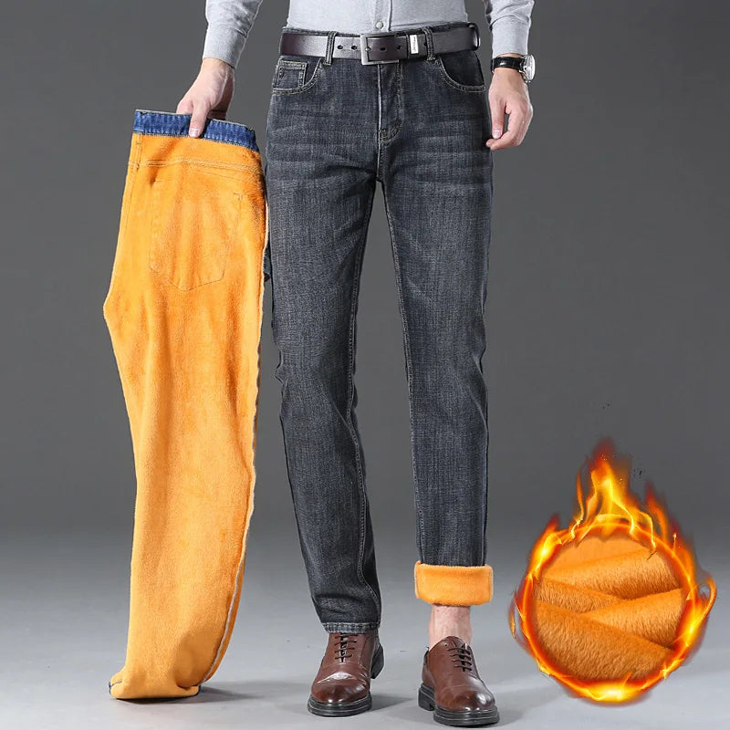 Famous Brand Fleece Pants Straight Trousers Winter Thermal Warm Plush Stretch Jeans