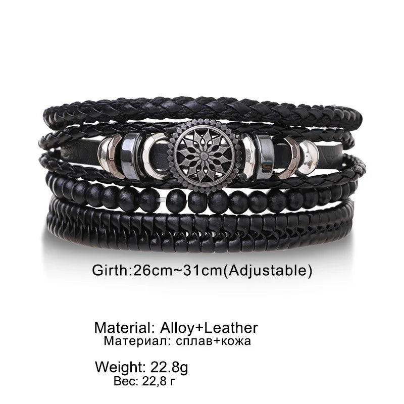 4PCS Braided Leather Bracelets for Men – Wood Bead & Tribal Charm Wristbands Set