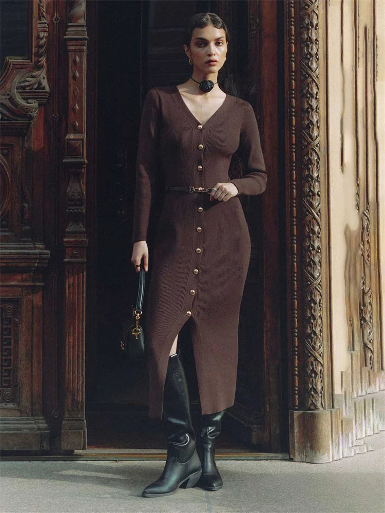 V-Neck Knit Long Dress