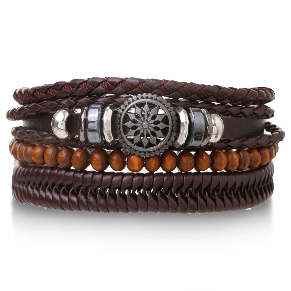 4PCS Braided Leather Bracelets for Men – Wood Bead & Tribal Charm Wristbands Set