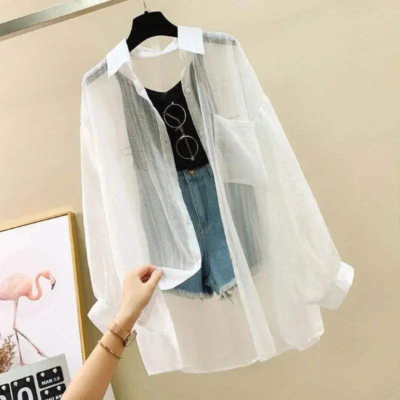 Summer Sunscreen Shirt Elegant Perspective Thin Chiffon Women's Cardigan