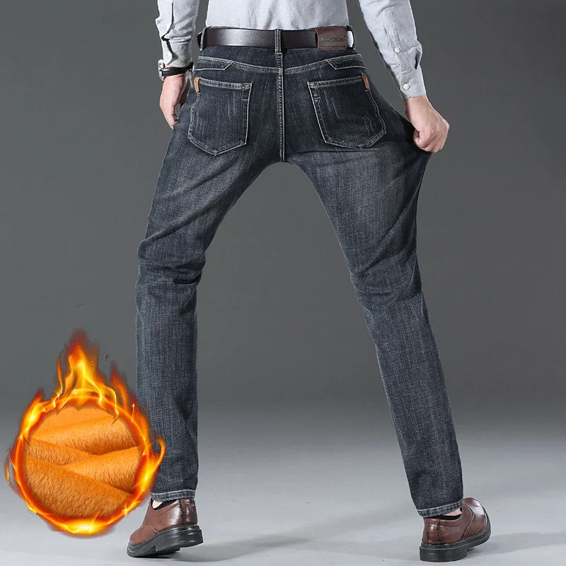 Famous Brand Fleece Pants Straight Trousers Winter Thermal Warm Plush Stretch Jeans