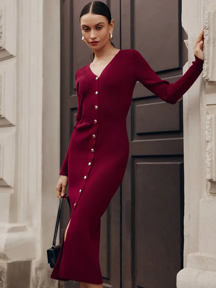 V-Neck Knit Long Dress