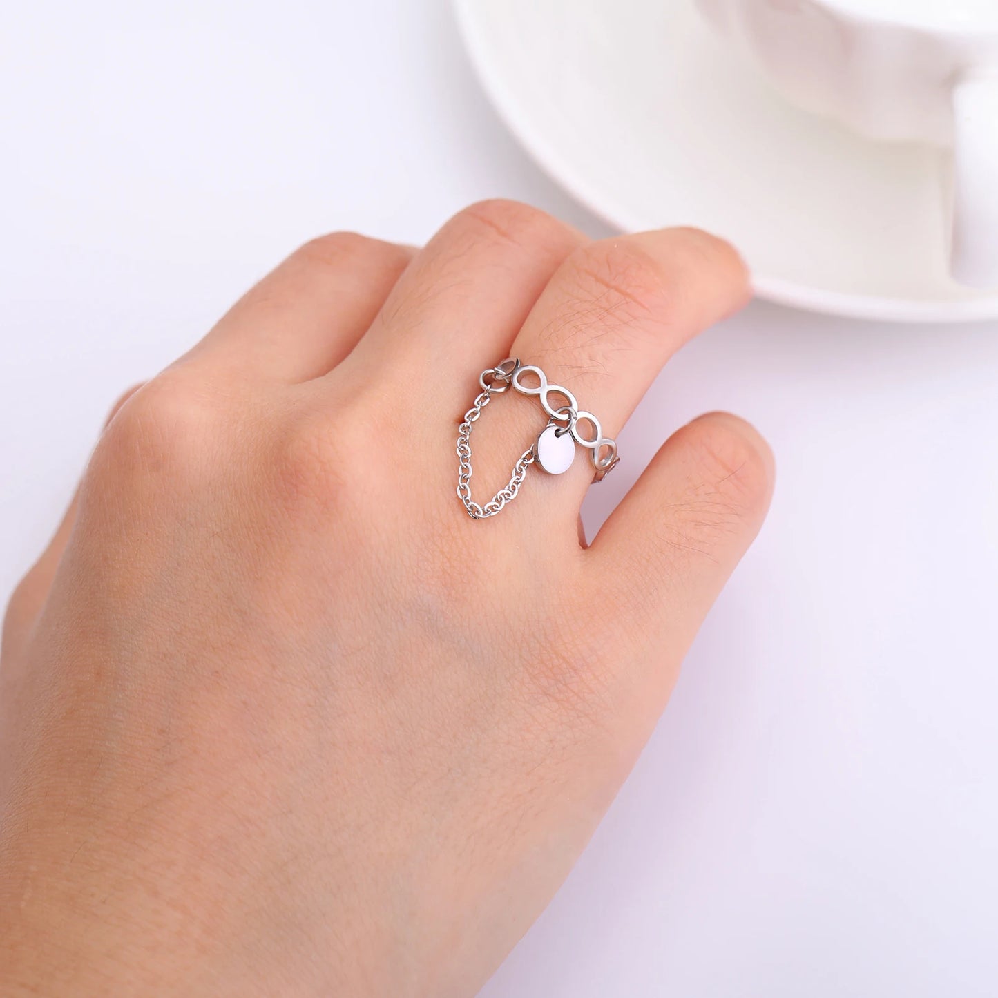 Stainless Steel Infinity & Geometric Couple Rings with Round Pendant - Engagement Jewelry Gift