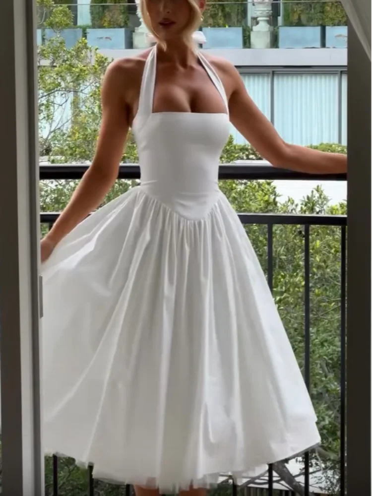 Elegant Solid High Waist Pleated A-line Dress Women Sexy Backless Sleeveless Slim Halter Dresses 2025 New Street Party Vestidos