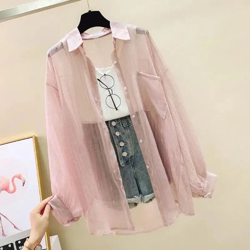 Summer Sunscreen Shirt Elegant Perspective Thin Chiffon Women's Cardigan
