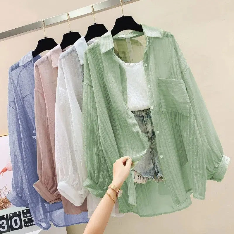 Summer Sunscreen Shirt Elegant Perspective Thin Chiffon Women's Cardigan
