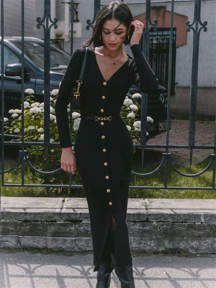 V-Neck Knit Long Dress