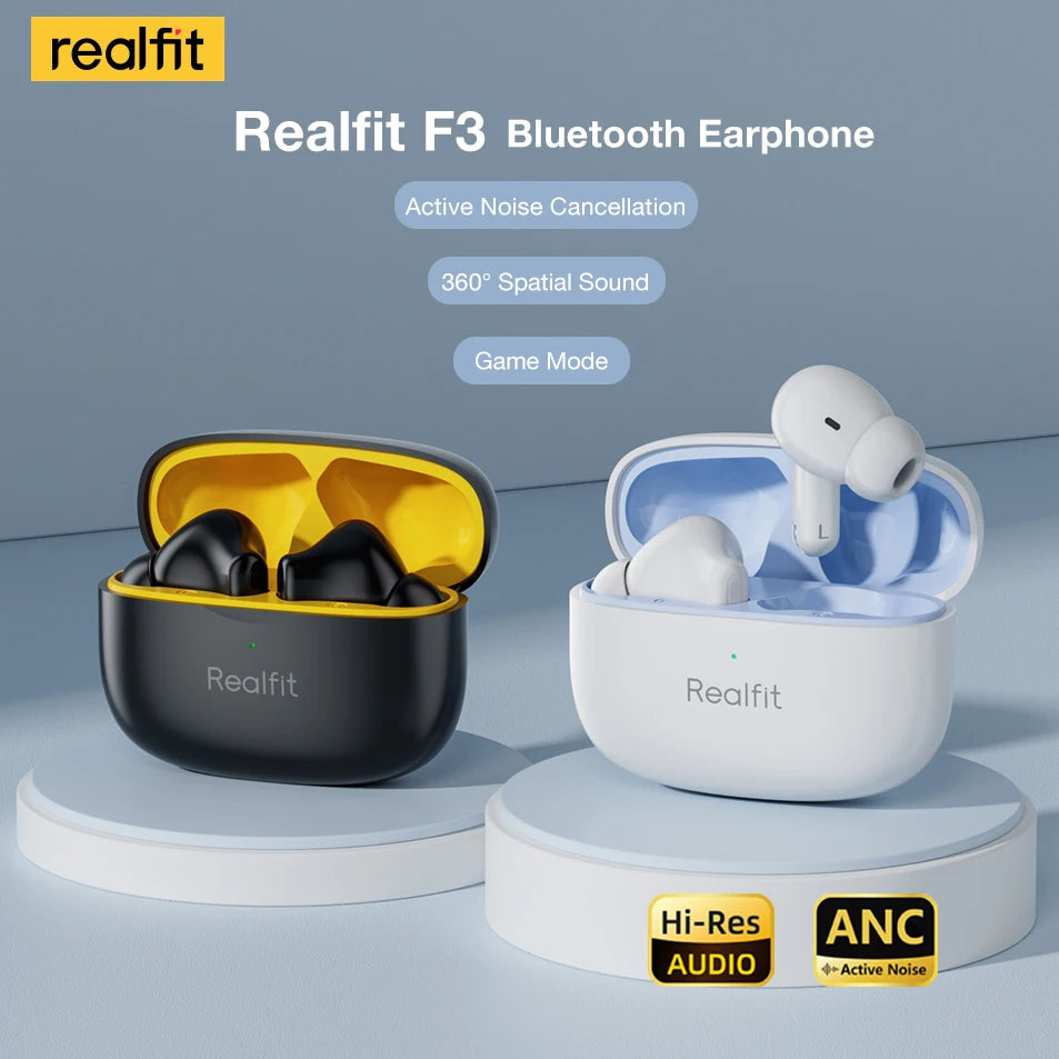 Realfit F3 Bluetooth Earphones ANC Active Noise Cancellation Wireless Earbuds ENC Call HIFI Stereo Superb Bass Sport Gaming