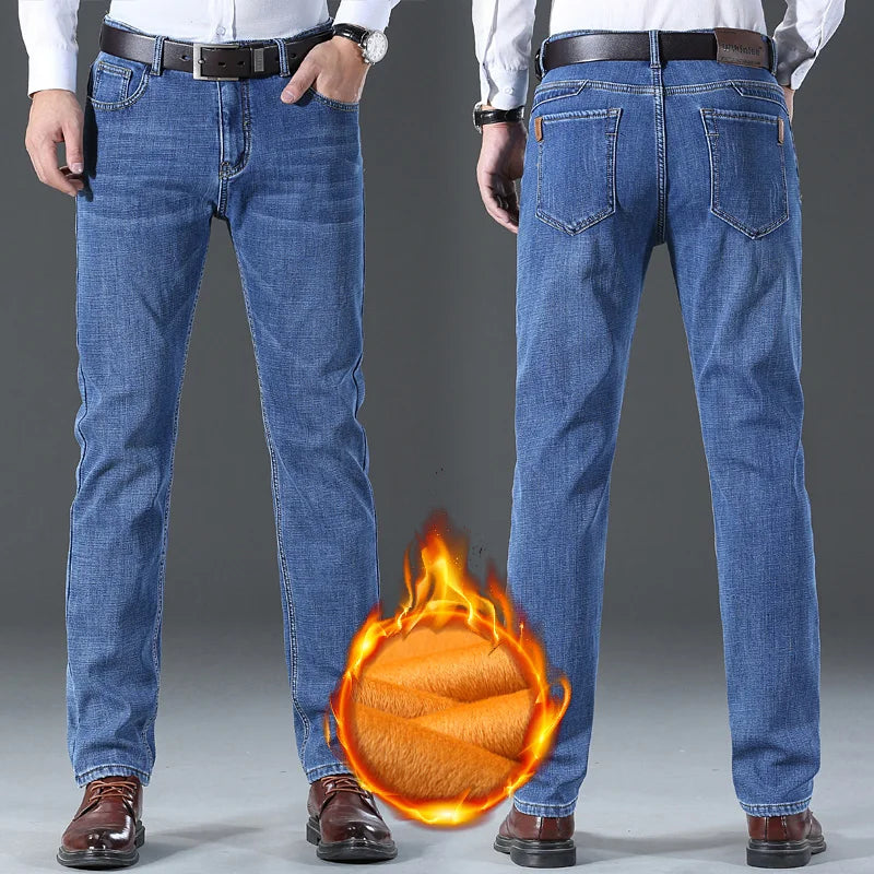 Famous Brand Fleece Pants Straight Trousers Winter Thermal Warm Plush Stretch Jeans