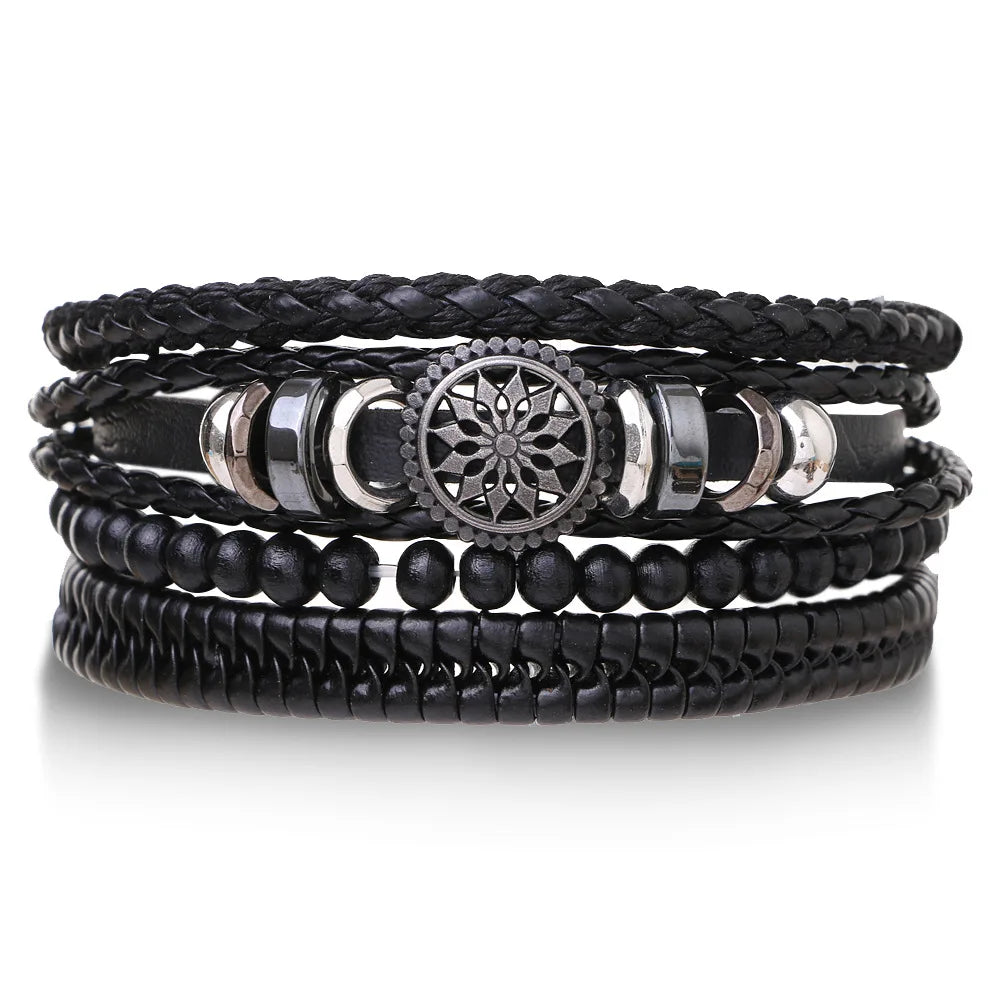 4PCS Braided Leather Bracelets for Men – Wood Bead & Tribal Charm Wristbands Set