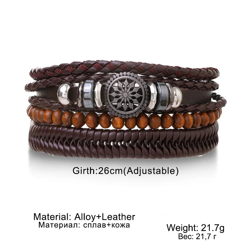 4PCS Braided Leather Bracelets for Men – Wood Bead & Tribal Charm Wristbands Set