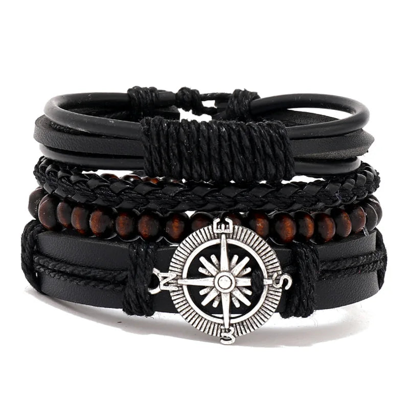 4PCS Braided Leather Bracelets for Men – Wood Bead & Tribal Charm Wristbands Set