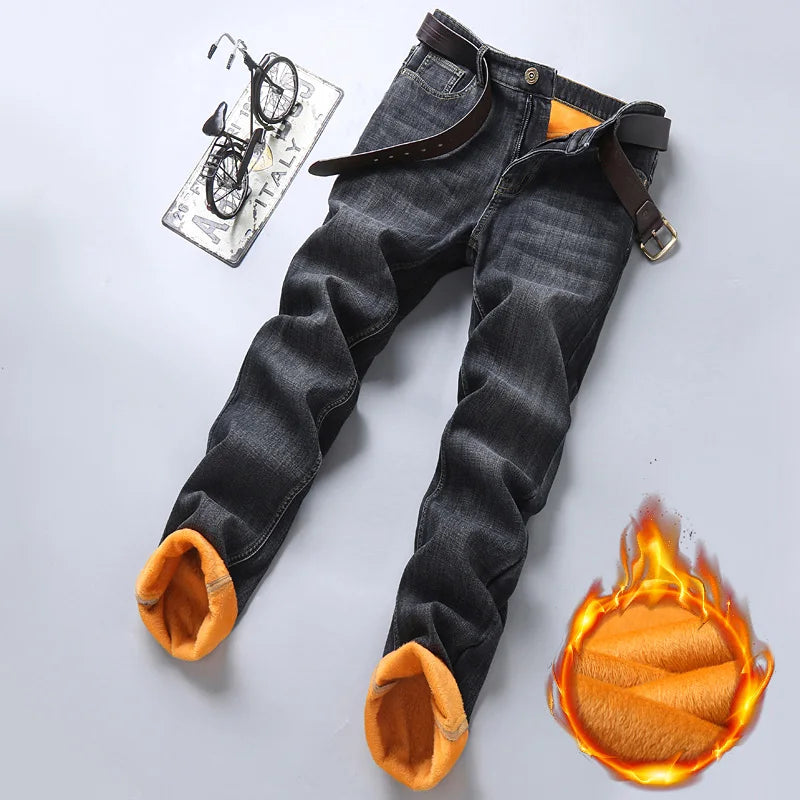 Famous Brand Fleece Pants Straight Trousers Winter Thermal Warm Plush Stretch Jeans