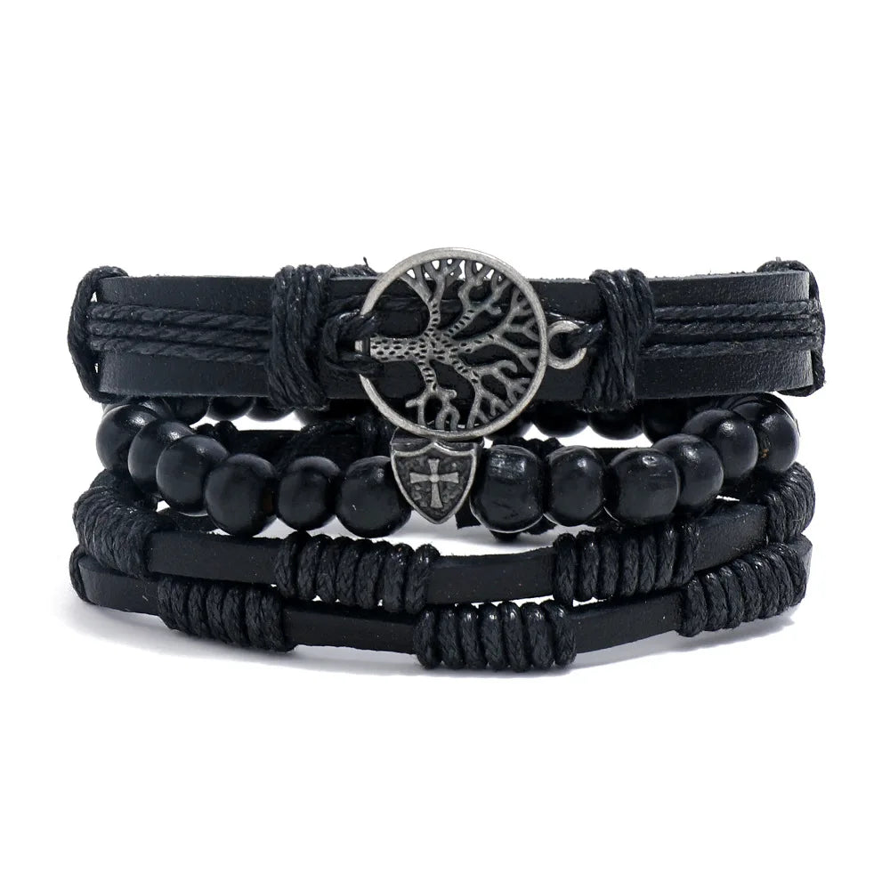 4PCS Braided Leather Bracelets for Men – Wood Bead & Tribal Charm Wristbands Set