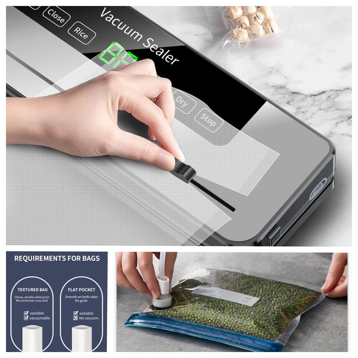 Electric Vacuum Sealer Dry/Wet Food Sealed Packaging Kitchen Food Storage Seal UV Sterilization Built-in Cutter Knife