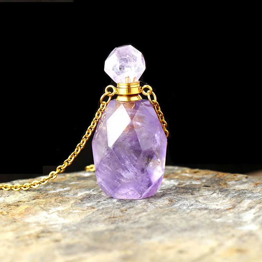 Natural Gems Stone Essential Oil Diffuser Perfume Bottle Amethysts Pendant Necklace February Birthstone Jewelry