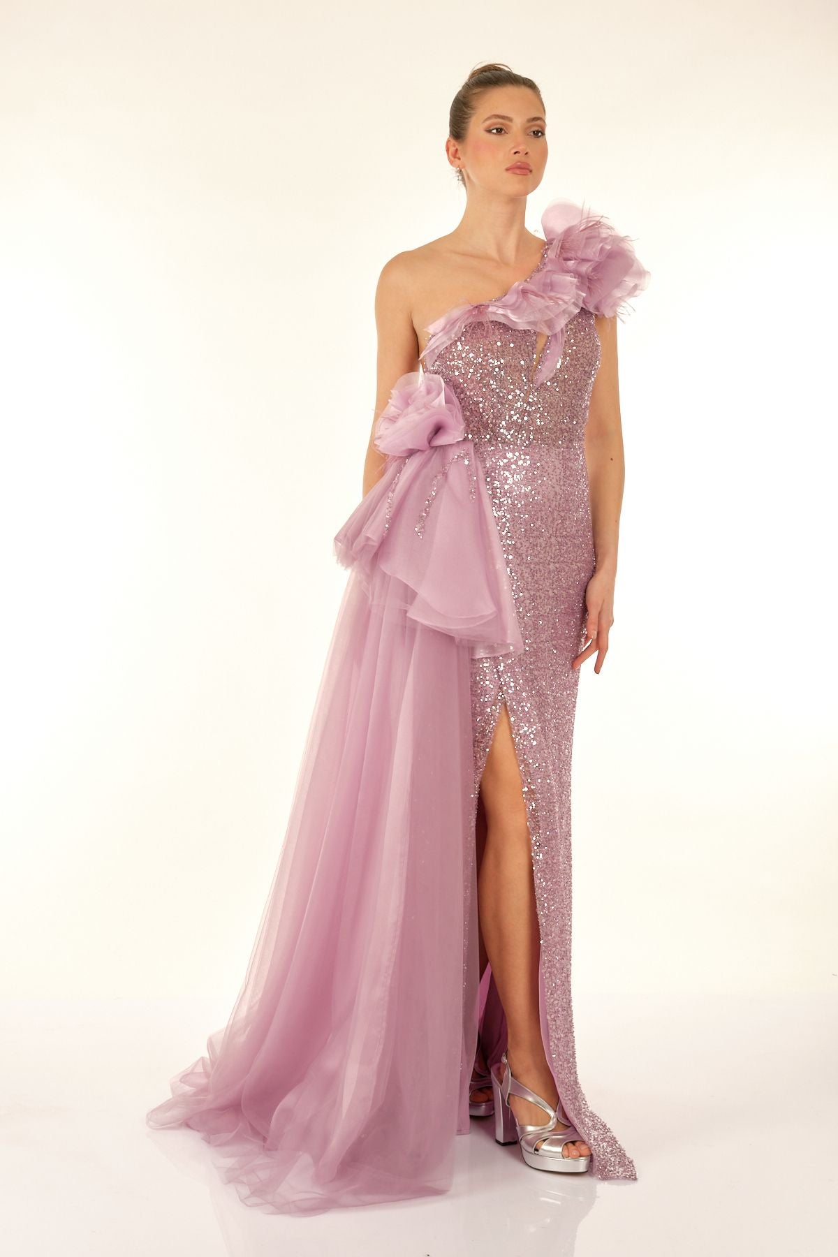 One Shoulder Glittery Lilac Women's Evening Dress