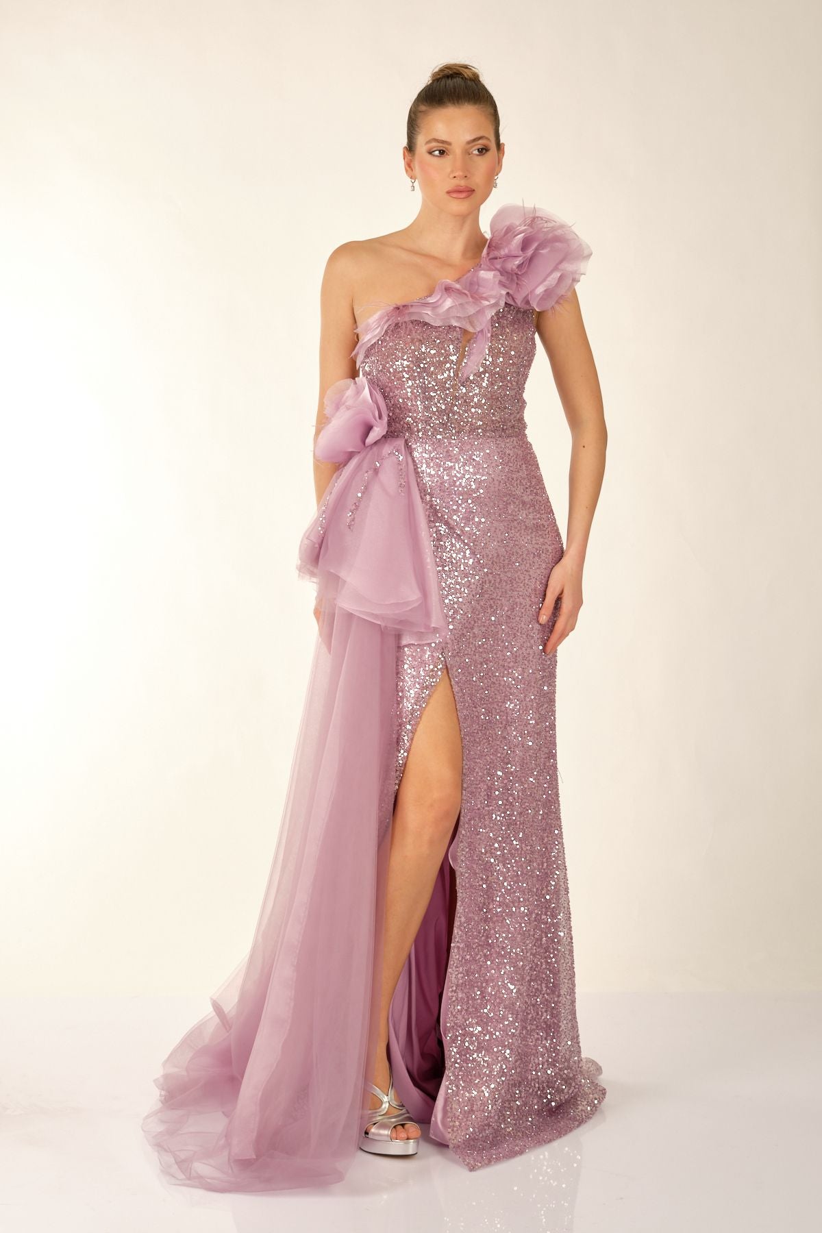 One Shoulder Glittery Lilac Women's Evening Dress