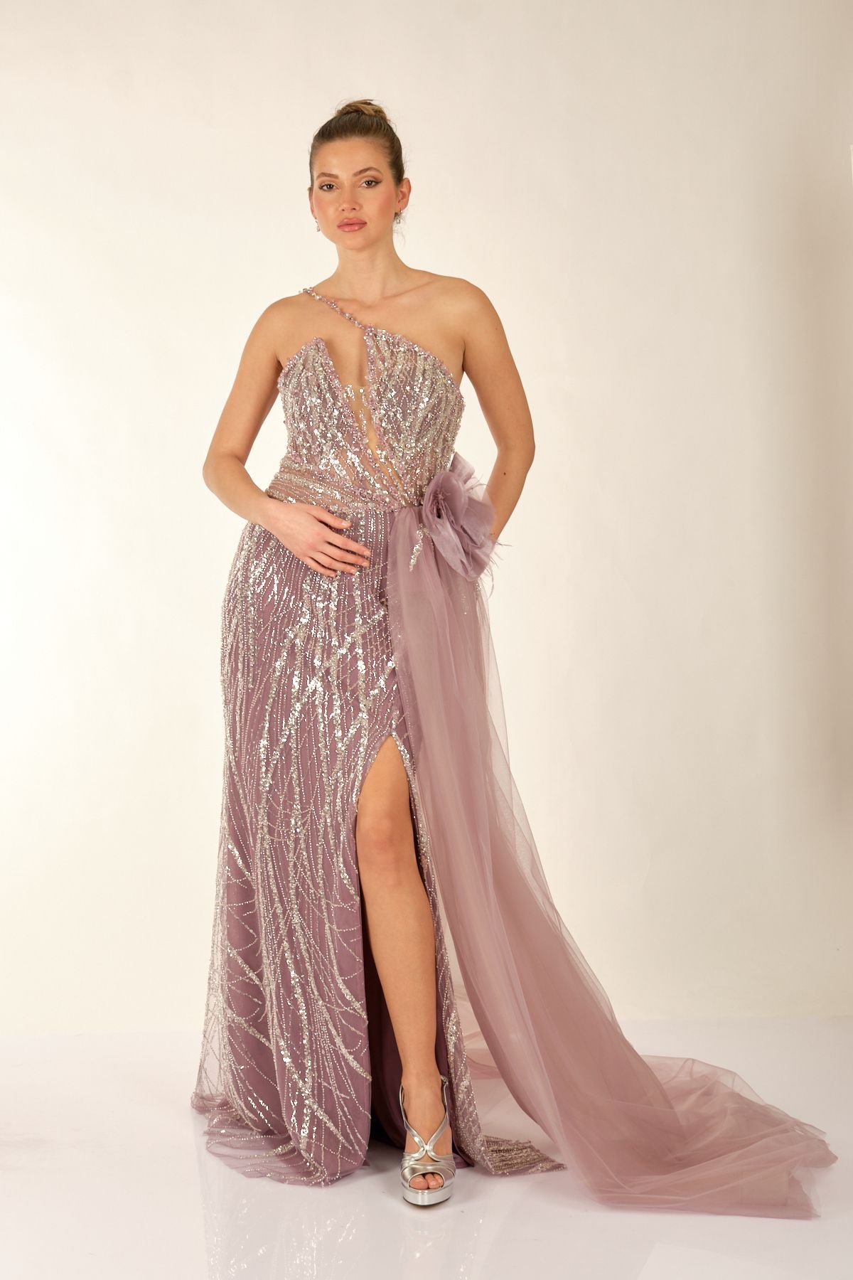 One Shoulder Slit Detailed Lilac Women's Evening Dress