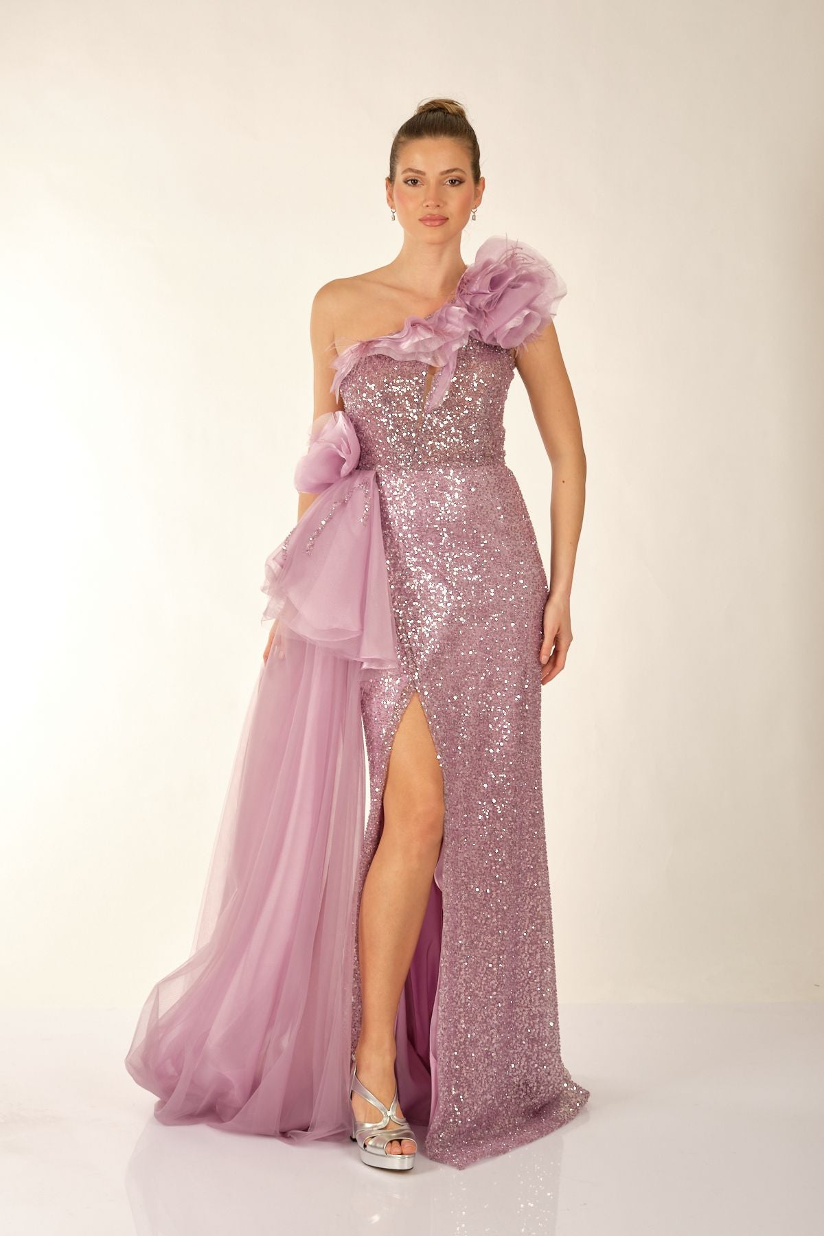 One Shoulder Glittery Lilac Women's Evening Dress