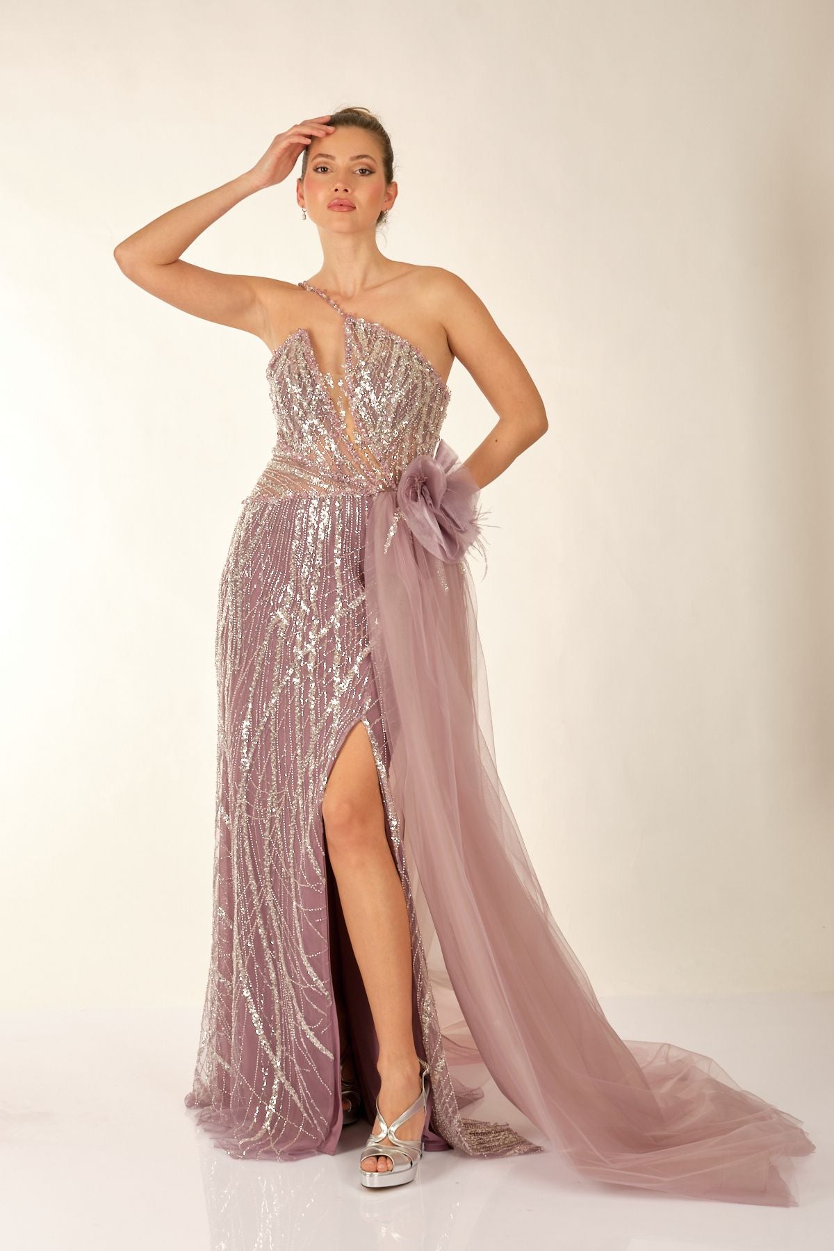 One Shoulder Slit Detailed Lilac Women's Evening Dress