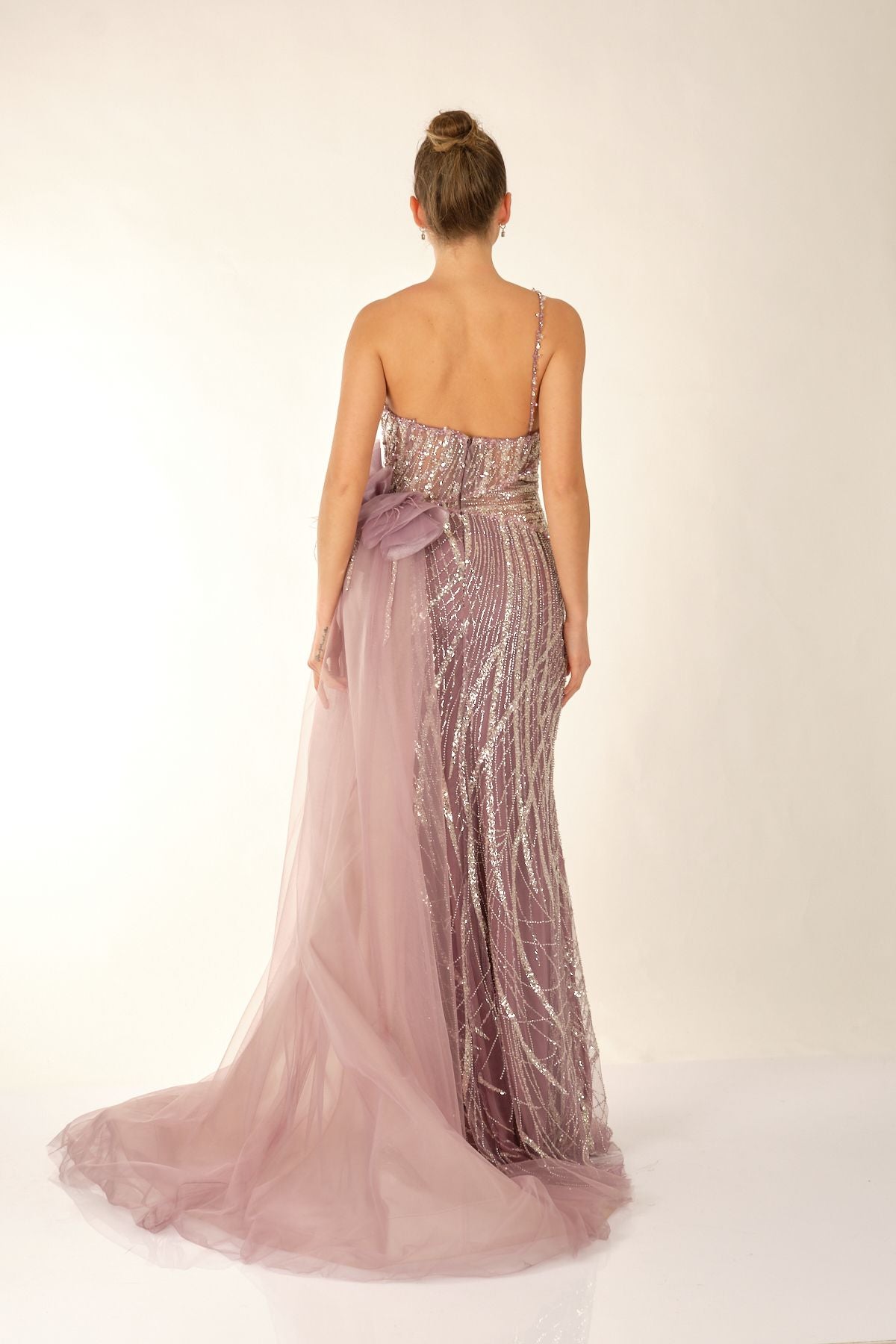 One Shoulder Slit Detailed Lilac Women's Evening Dress