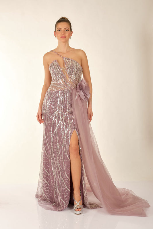 One Shoulder Slit Detailed Lilac Women's Evening Dress