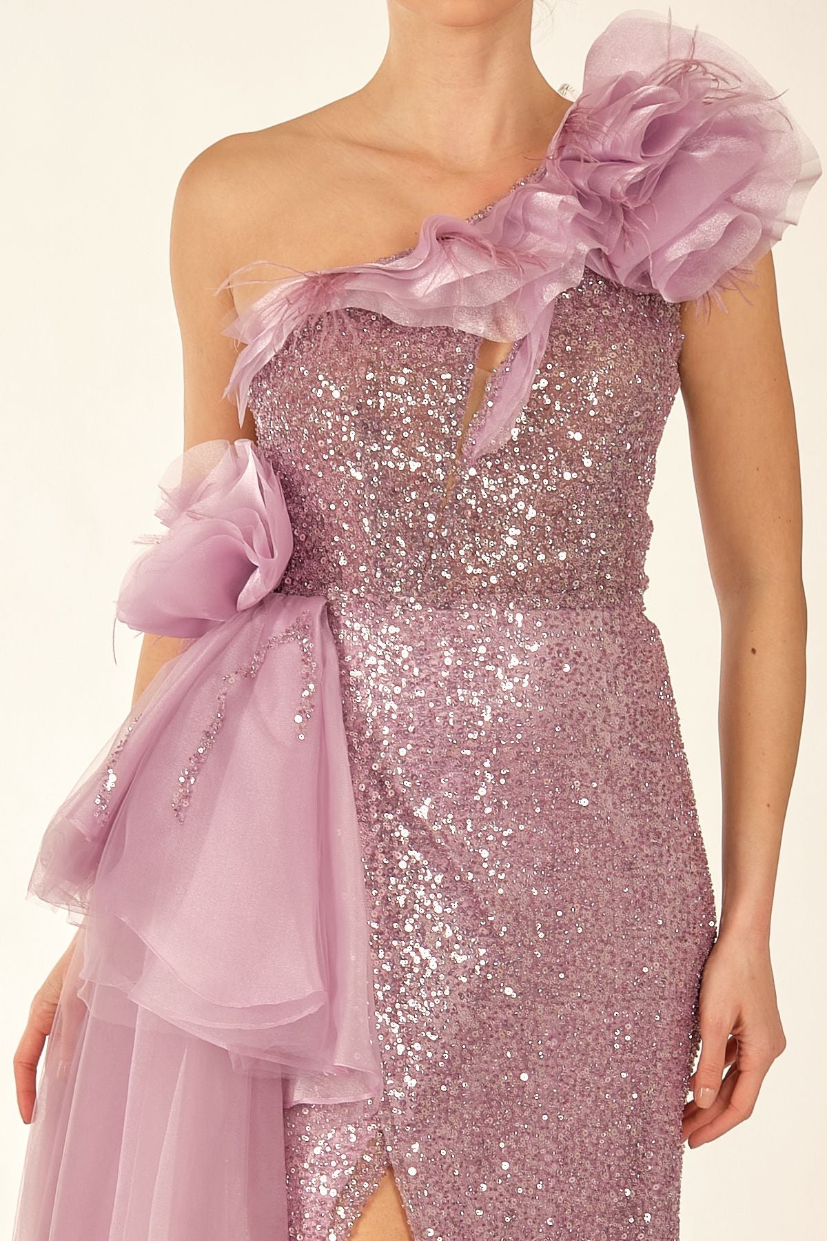 One Shoulder Glittery Lilac Women's Evening Dress