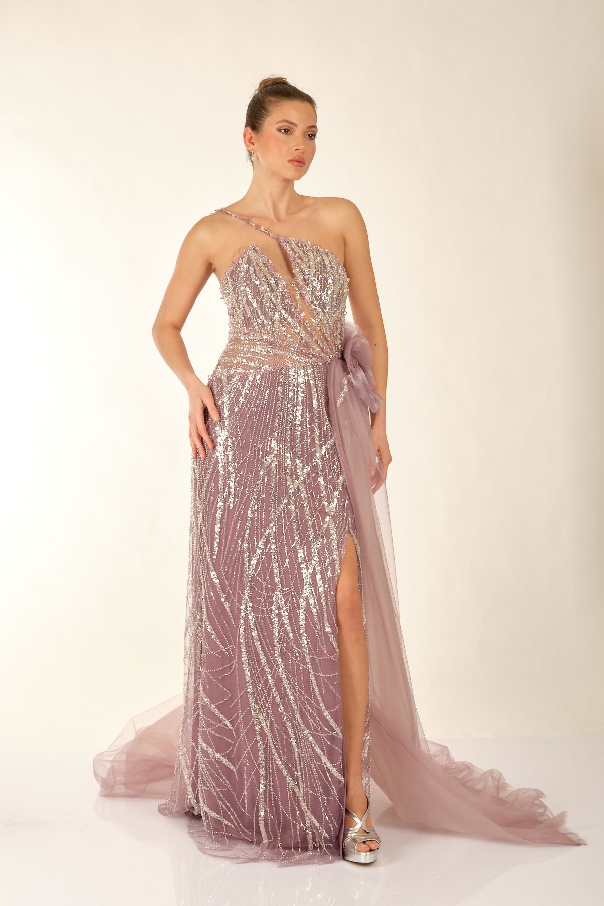 One Shoulder Slit Detailed Lilac Women's Evening Dress