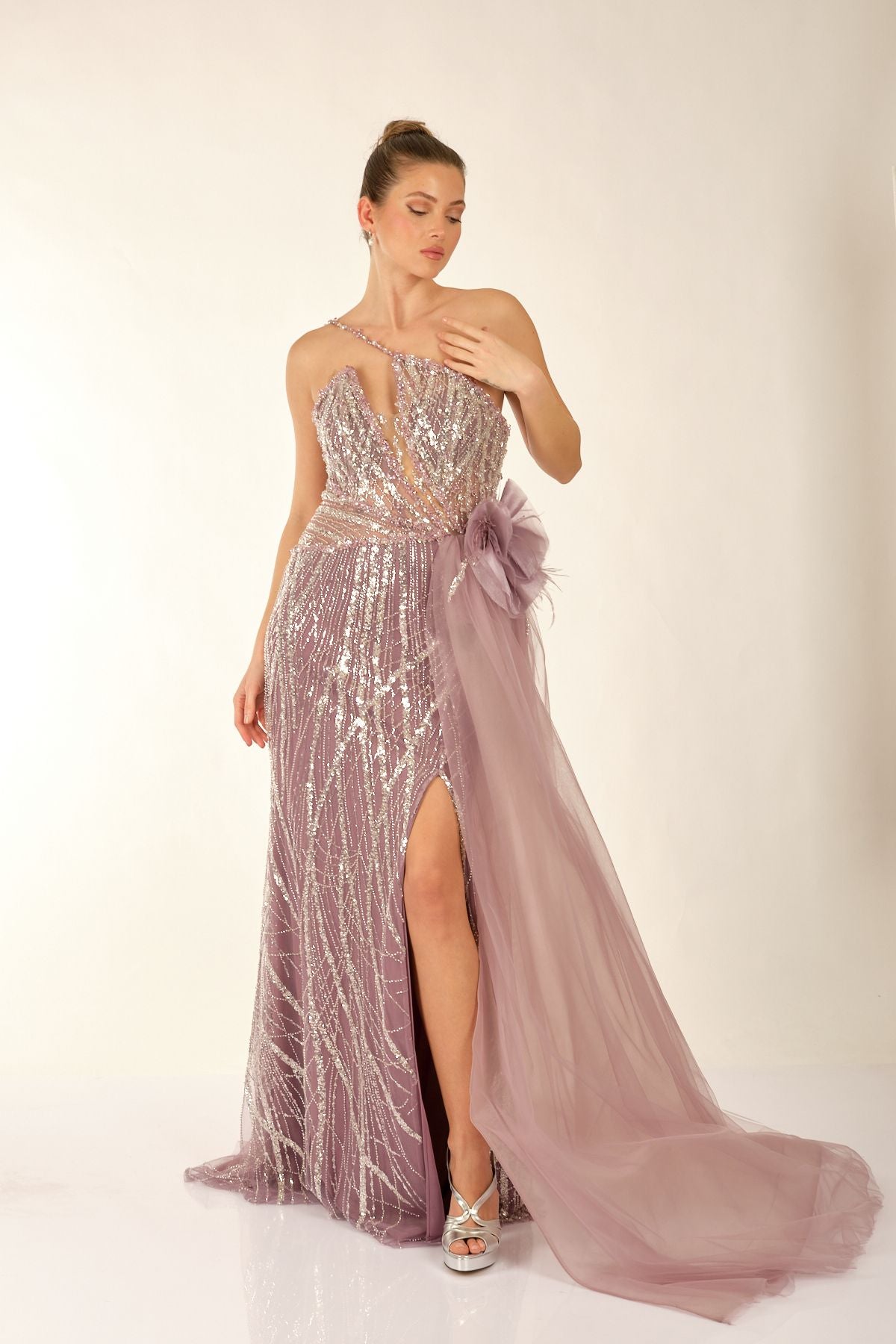 One Shoulder Slit Detailed Lilac Women's Evening Dress