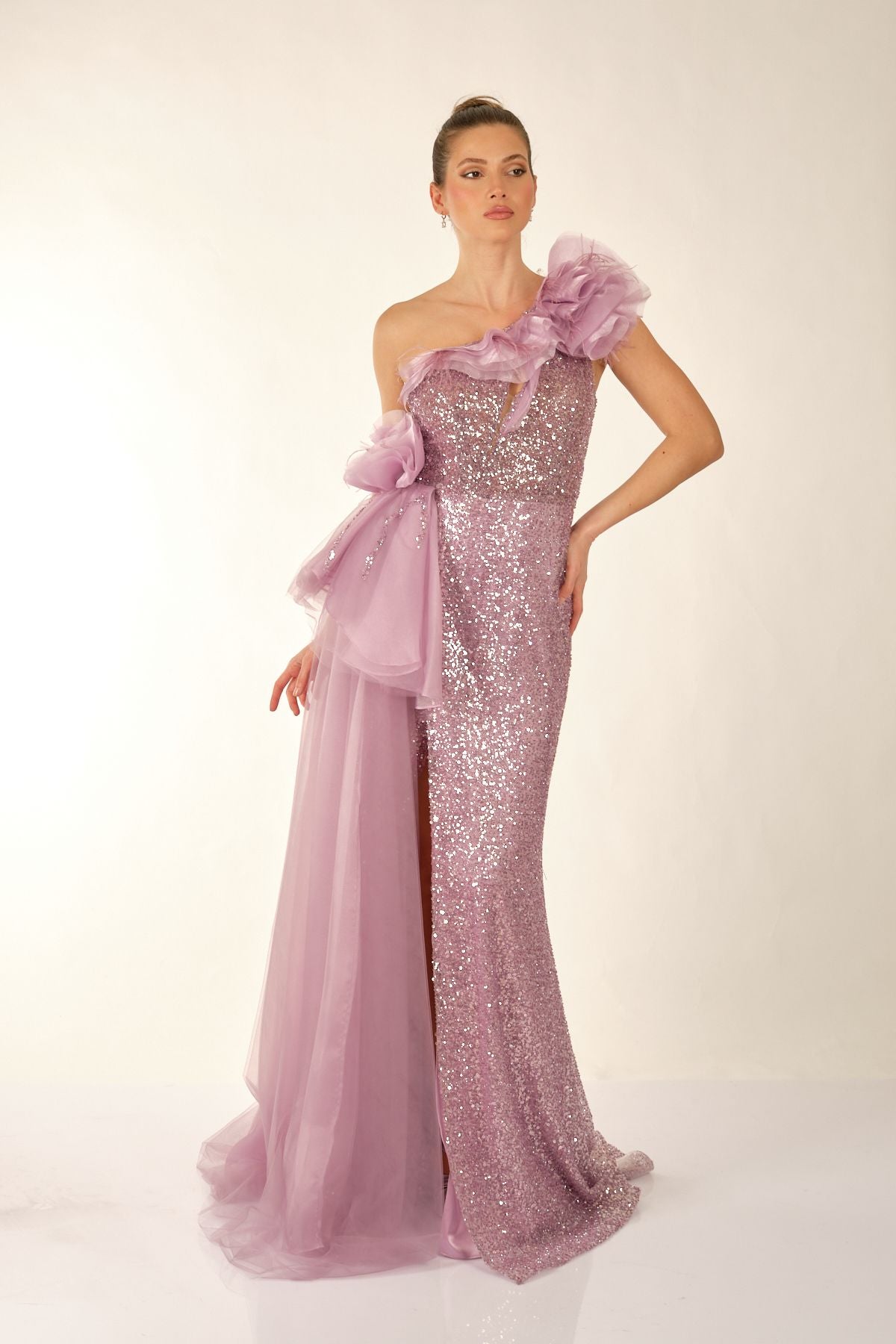 One Shoulder Glittery Lilac Women's Evening Dress