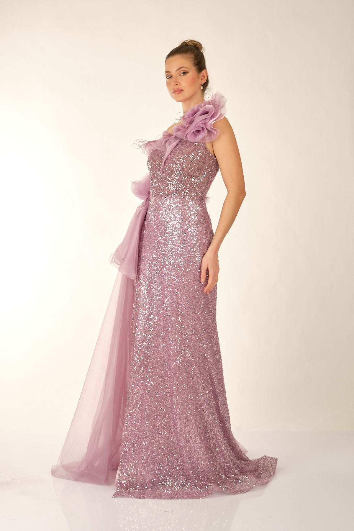 One Shoulder Glittery Lilac Women's Evening Dress