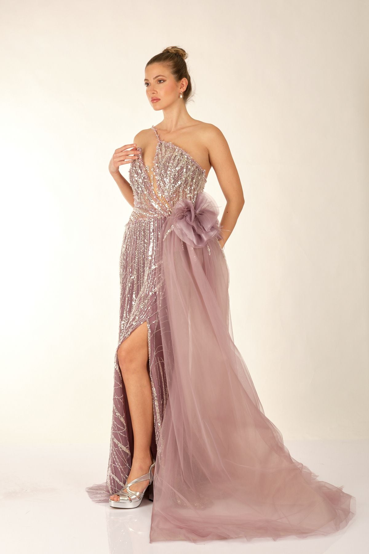 One Shoulder Slit Detailed Lilac Women's Evening Dress